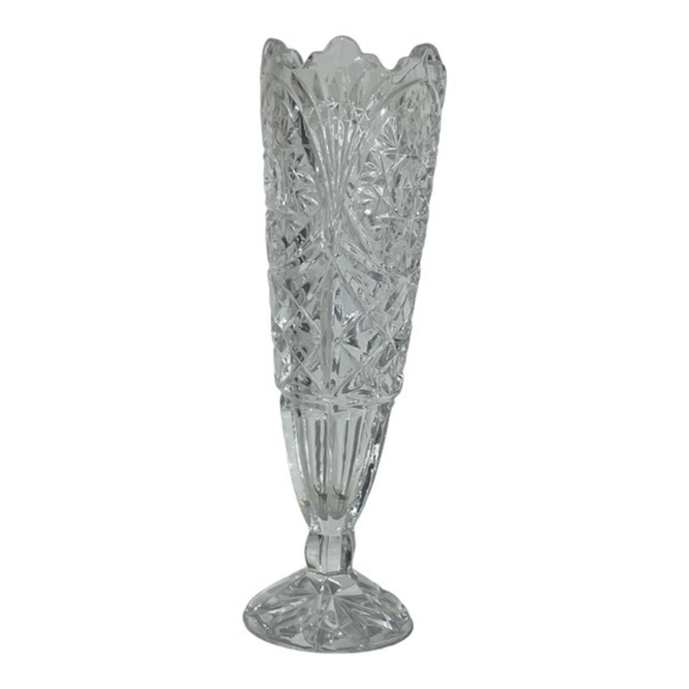 Vintage Lead Crystal Starburst Scalloped Edge European Vase Heavy Perfect Condit